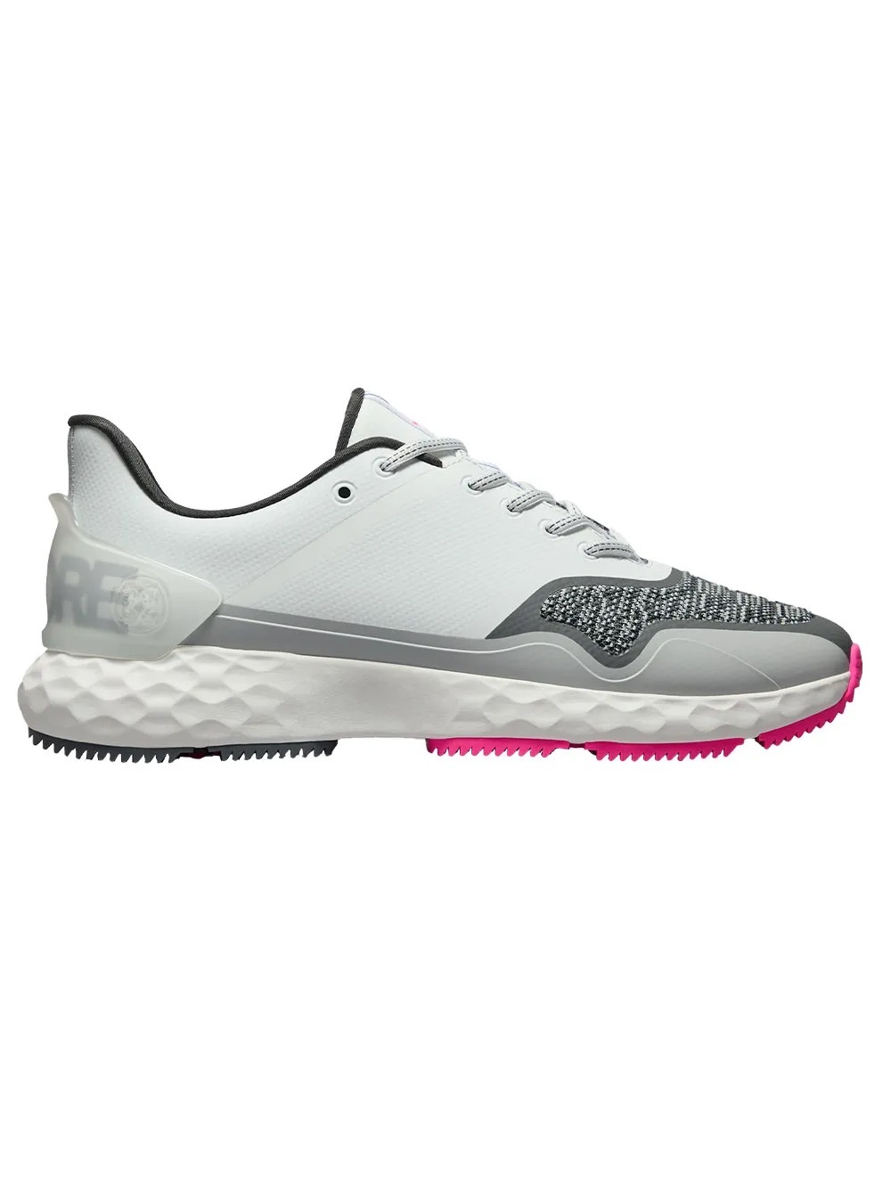 G/FORE White Gray Athletic Golf Shoe with Pink Accent